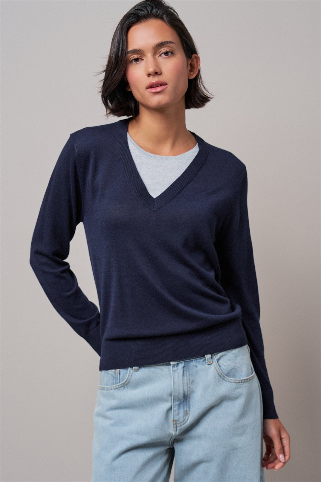 Layered Look V-Neck Twofer Knit Sweater in Navy - Women's Sweaters | Urban Daizy