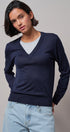 Layered Look V-Neck Twofer Knit Sweater in Navy - Women's Sweaters | Urban Daizy