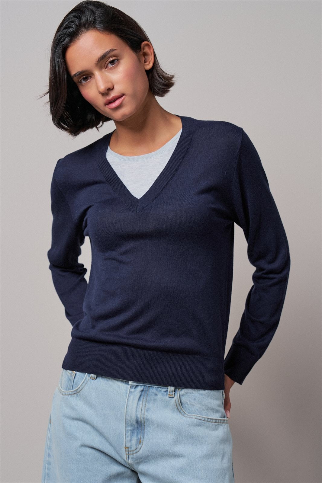 Layered Look V-Neck Twofer Knit Sweater in Navy - Women's Sweaters | Urban Daizy
