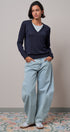 Layered Look V-Neck Twofer Knit Sweater in Navy - Women's Sweaters | Urban Daizy