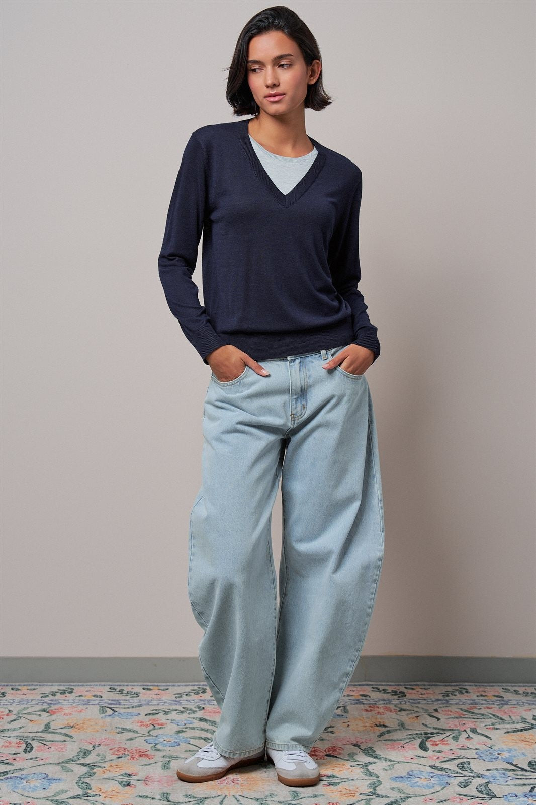 Layered Look V-Neck Twofer Knit Sweater in Navy - Women's Sweaters | Urban Daizy
