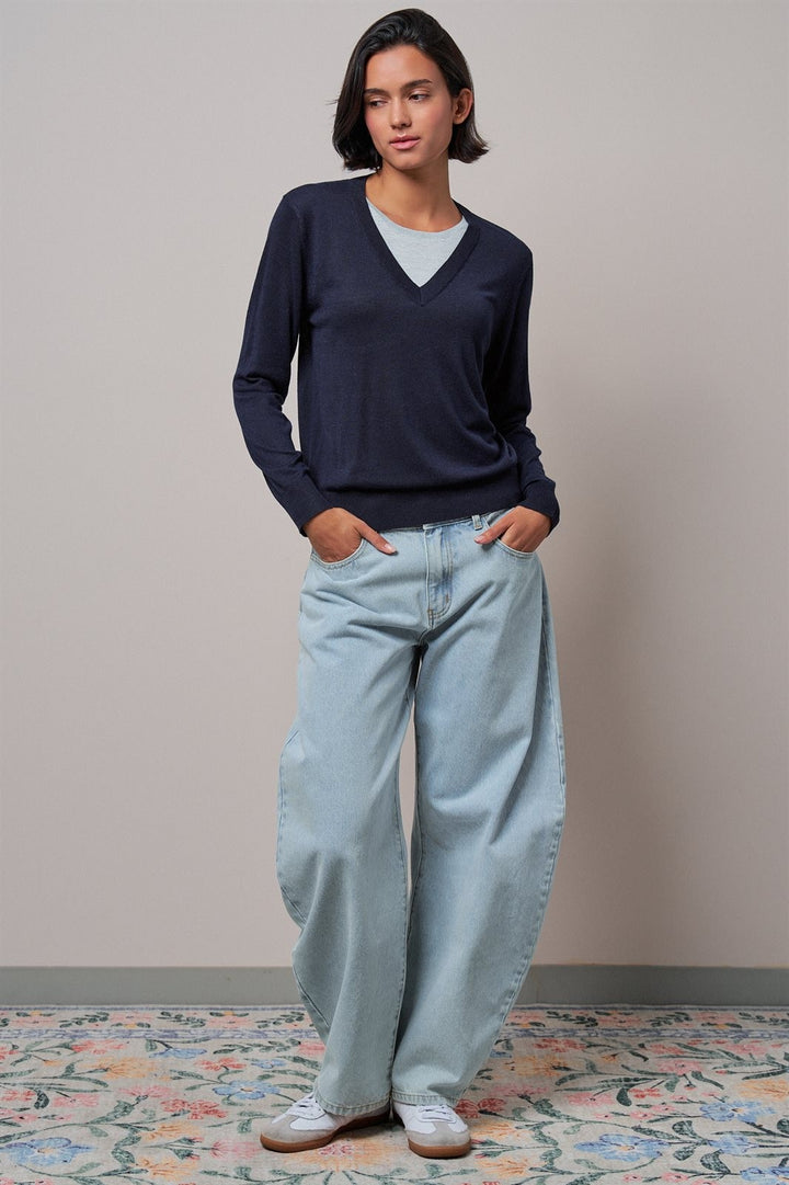 Layered Look V-Neck Twofer Knit Sweater in Navy - Women's Sweaters | Urban Daizy