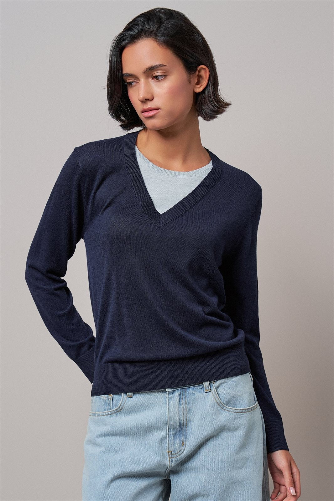 Layered Look V-Neck Twofer Knit Sweater in Navy - Women's Sweaters | Urban Daizy