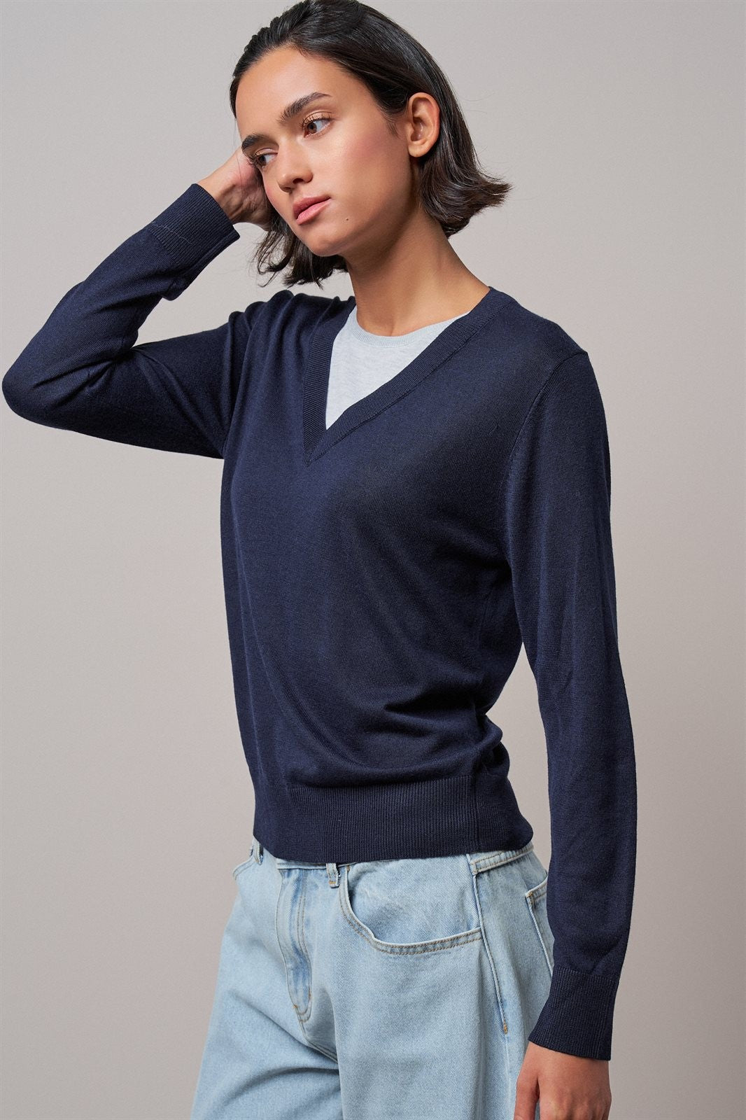 Layered Look V-Neck Twofer Knit Sweater in Navy - Women's Sweaters | Urban Daizy