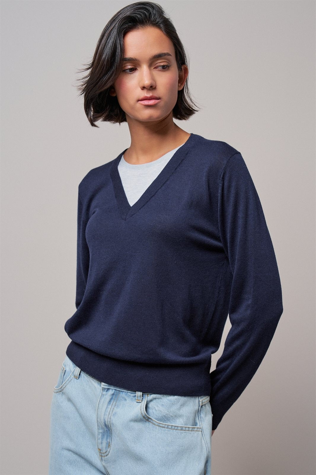 Layered Look V-Neck Twofer Knit Sweater in Navy - Women's Sweaters | Urban Daizy