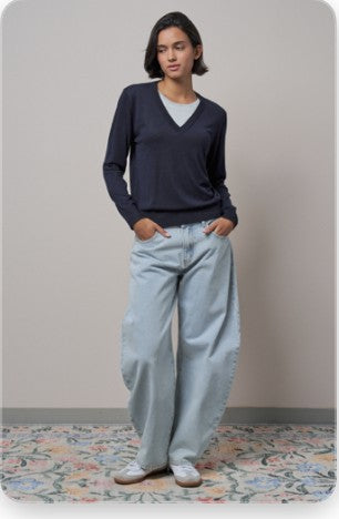 Layered Look V-Neck Twofer Knit Sweater in Navy - Women's Sweaters | Urban Daizy