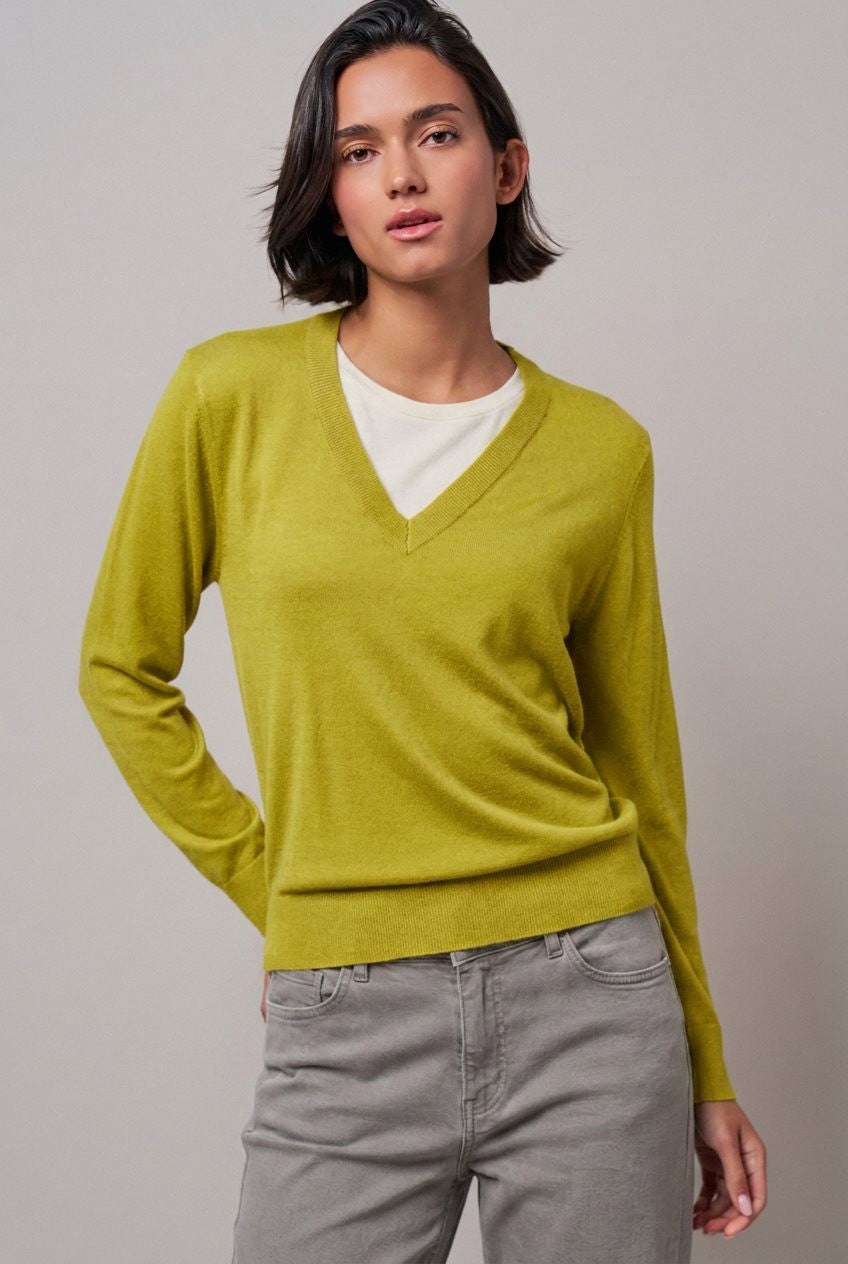 Layered Look V-Neck Twofer Knit Sweater in Olive Green - Women's Sweaters | Urban Daizy