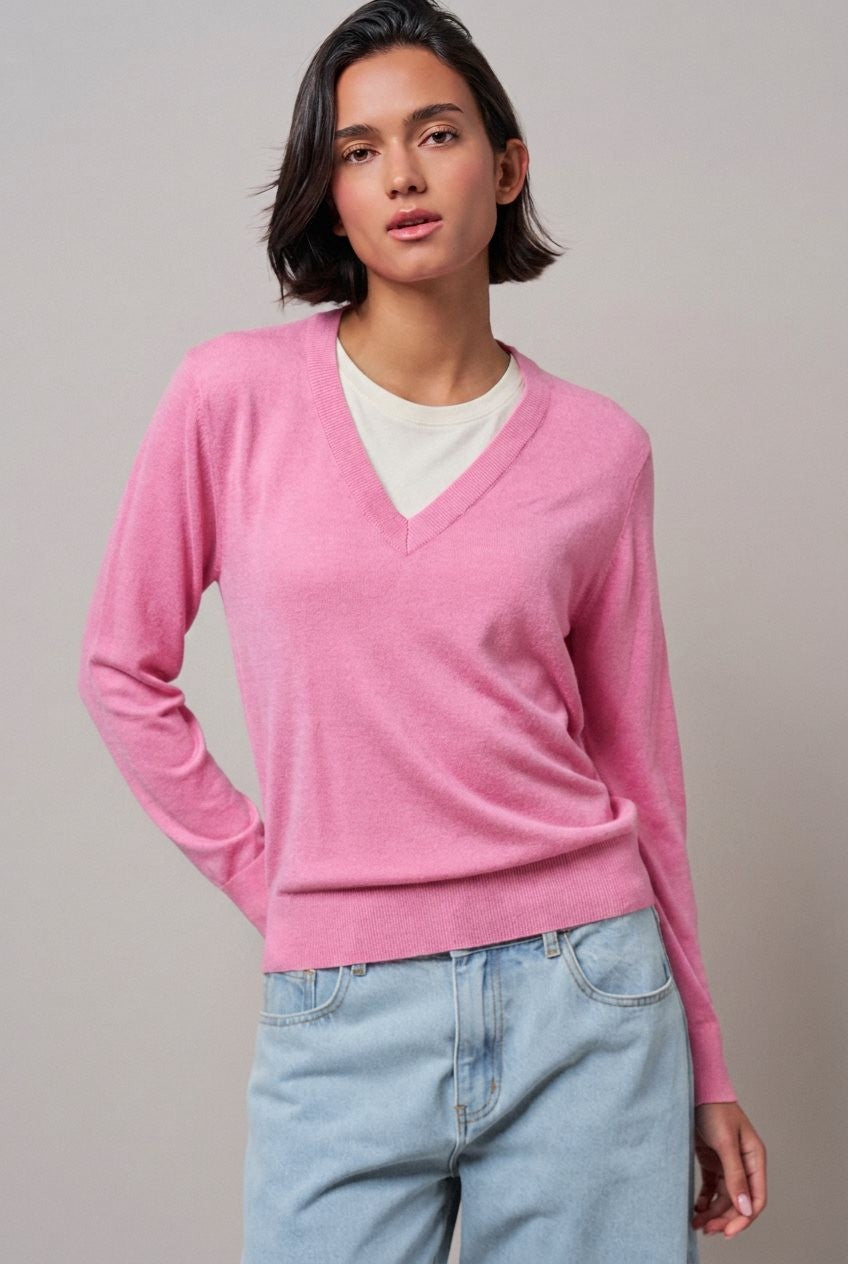 Layered Look V-Neck Twofer Knit Sweater in Pink - Women's Sweaters | Urban Daizy