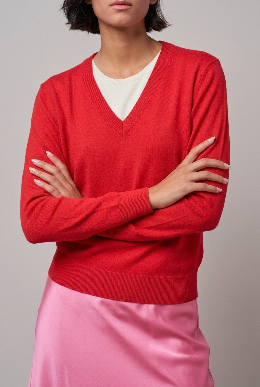 Layered Look V-Neck Twofer Knit Sweater in Red - Women's Sweaters | Urban Daizy