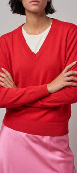 Layered Look V-Neck Twofer Knit Sweater in Red - Women's Sweaters | Urban Daizy