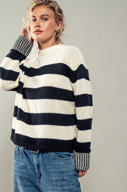 Rugby Striped Chunky Knit Crewneck Sweater in Black - Women's Sweaters | Urban Daizy