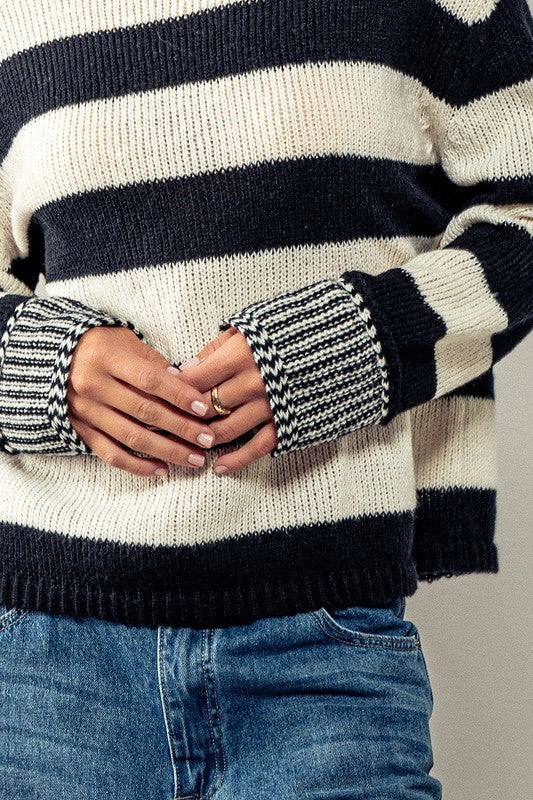 Rugby Striped Chunky Knit Crewneck Sweater in Black - Women's Sweaters | Urban Daizy