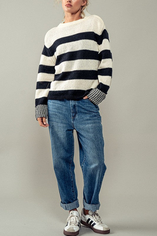 Rugby Striped Chunky Knit Crewneck Sweater in Black - Women's Sweaters | Urban Daizy