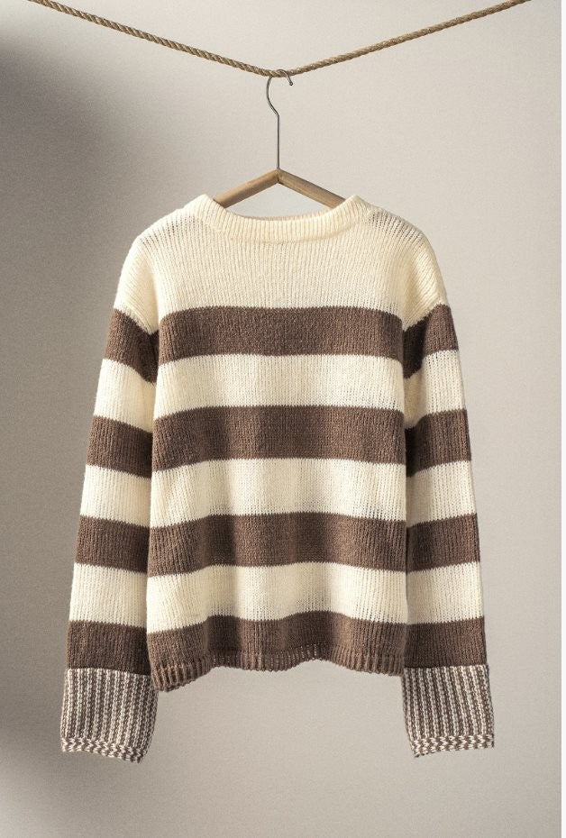 Rugby Striped Chunky Knit Crewneck Sweater in Brown - Women's Sweaters | Urban Daizy