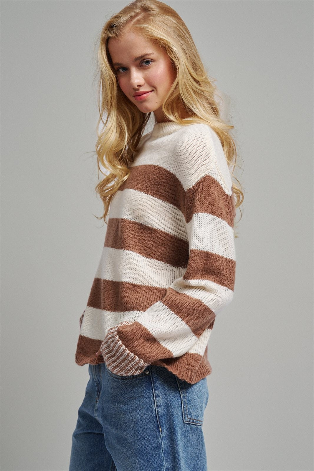 Rugby Striped Chunky Knit Crewneck Sweater in Brown - Women's Sweaters | Urban Daizy
