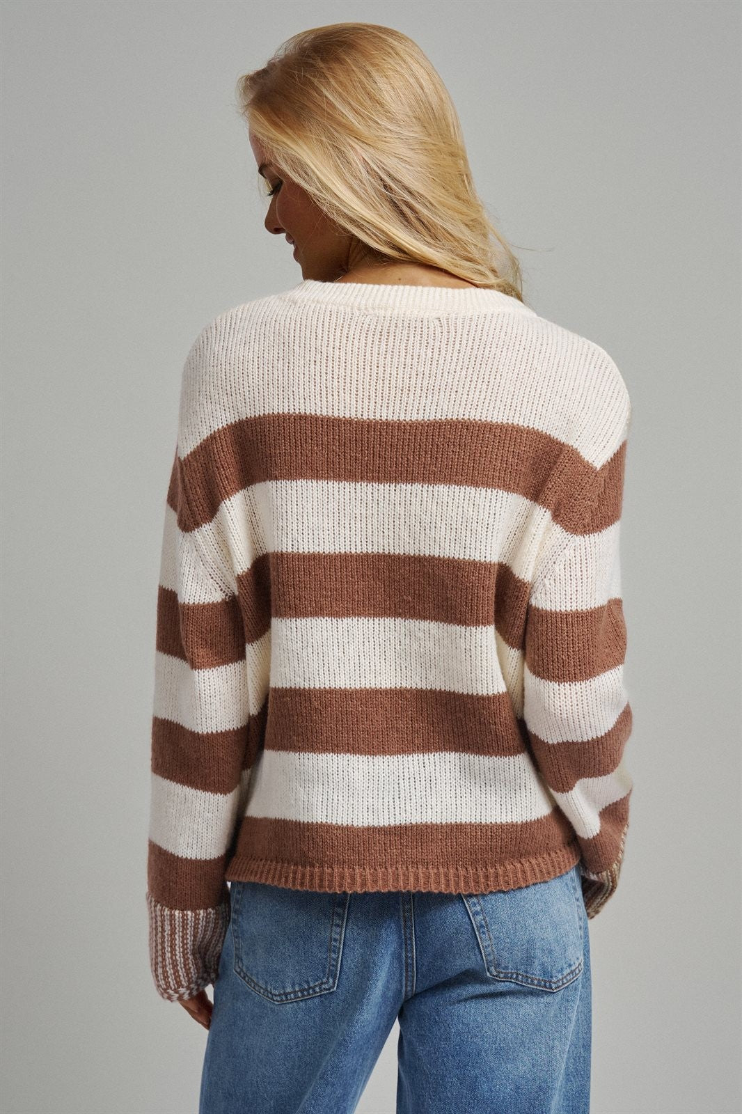 Rugby Striped Chunky Knit Crewneck Sweater in Brown - Women's Sweaters | Urban Daizy