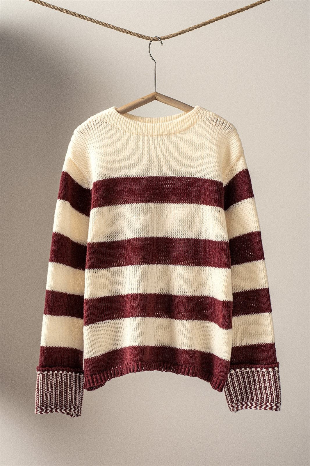 Rugby Striped Chunky Knit Crewneck Sweater in Burgundy - Women's Sweaters | Urban Daizy