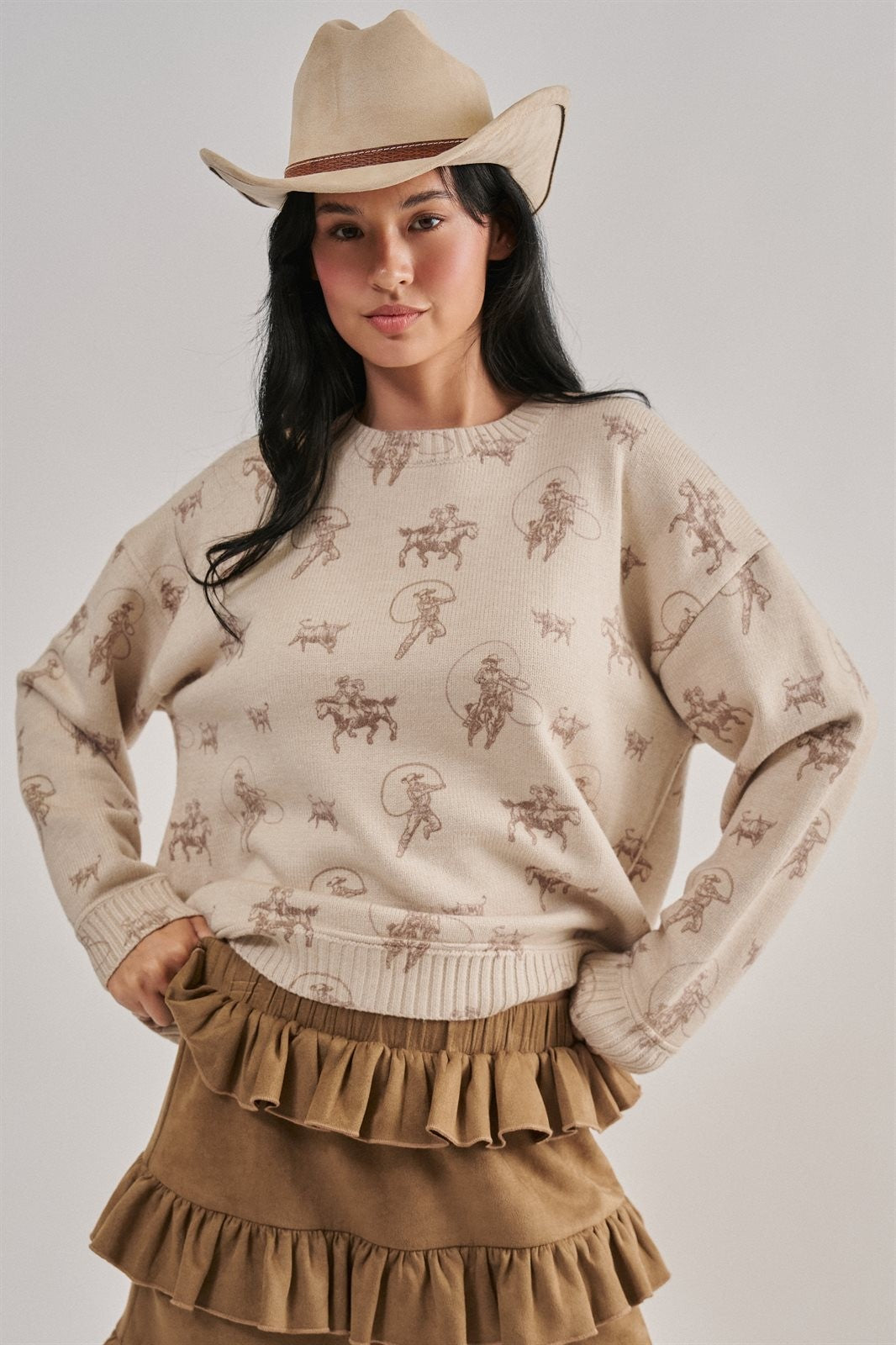 Western Cowboy Print Knit Pullover Sweater in Khaki - Women's Sweaters | Urban Daizy
