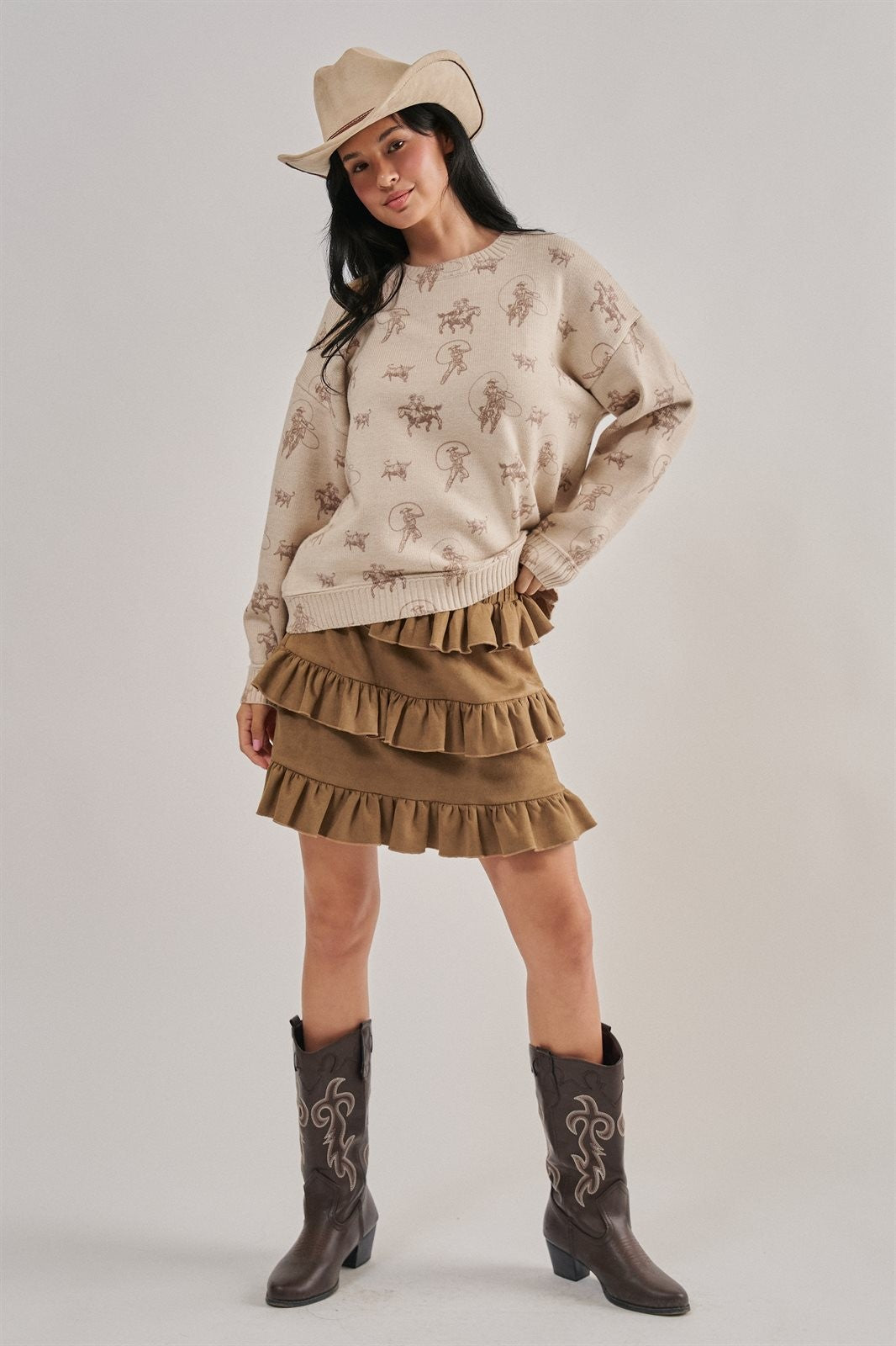 Western Cowboy Print Knit Pullover Sweater in Khaki - Women's Sweaters | Urban Daizy