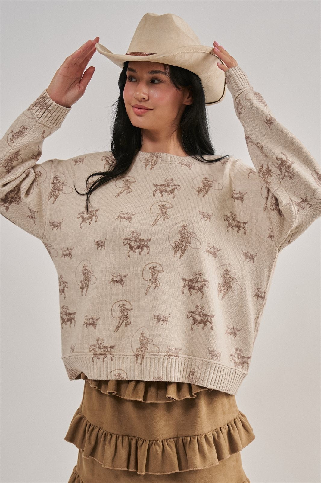 Western Cowboy Print Knit Pullover Sweater in Khaki - Women's Sweaters | Urban Daizy