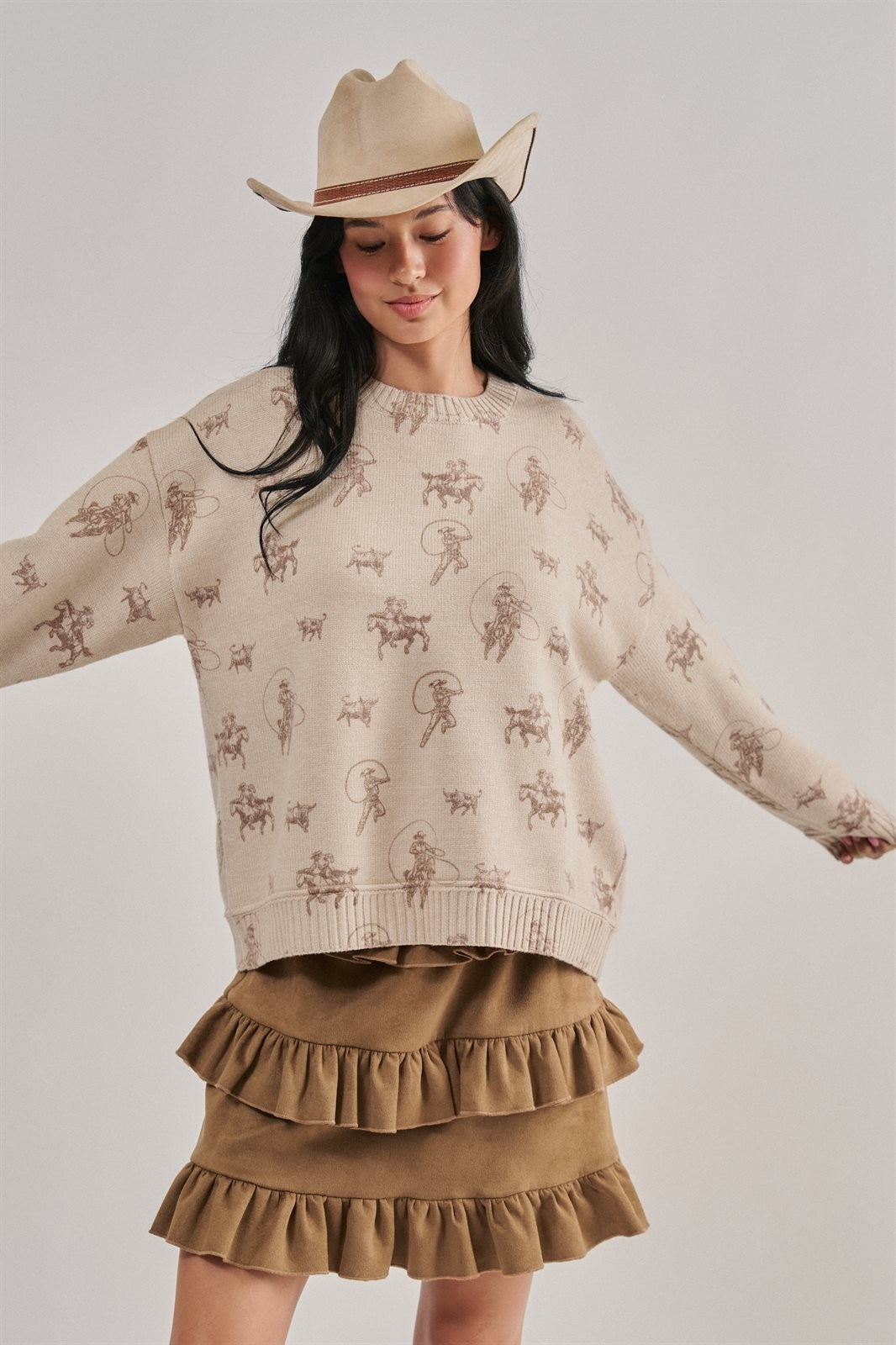 Western Cowboy Print Knit Pullover Sweater in Khaki - Women's Sweaters | Urban Daizy