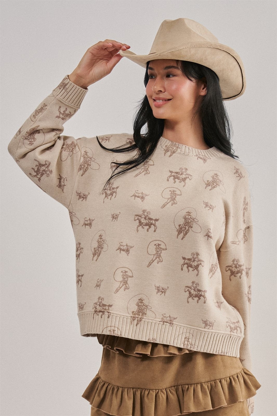 Western Cowboy Print Knit Pullover Sweater in Khaki - Women's Sweaters | Urban Daizy