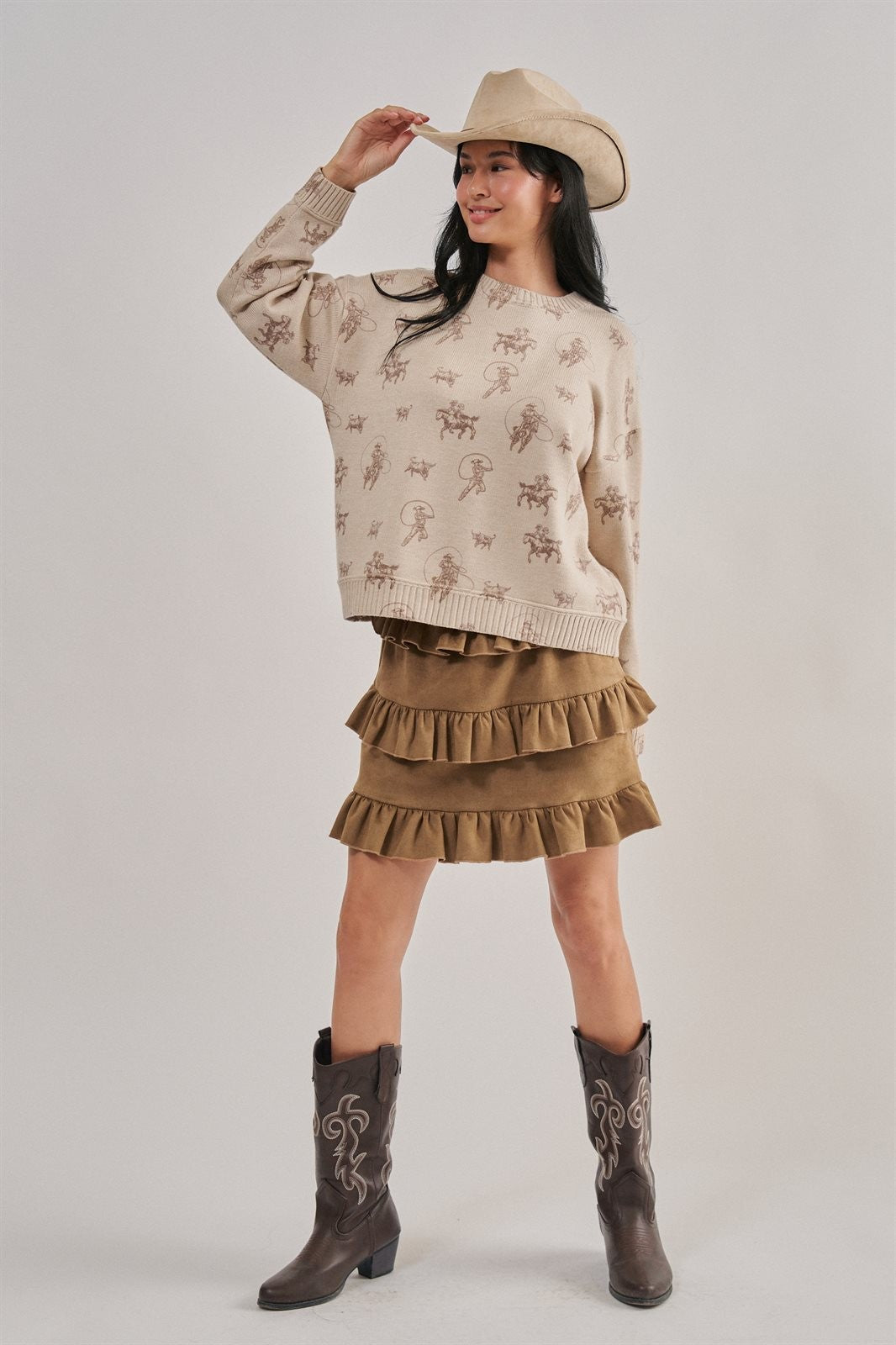 Western Cowboy Print Knit Pullover Sweater in Khaki - Women's Sweaters | Urban Daizy