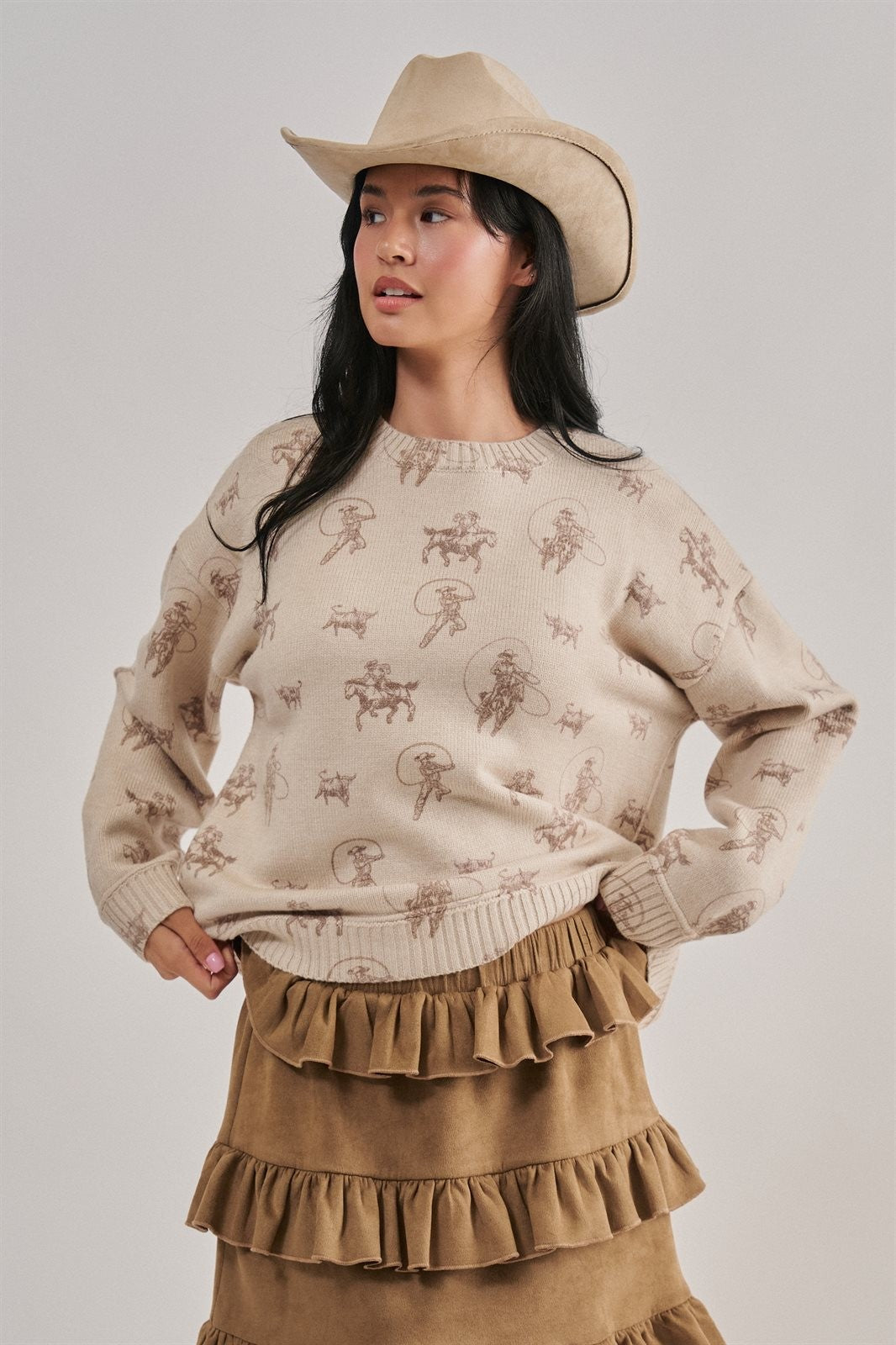 Western Cowboy Print Knit Pullover Sweater in Khaki - Women's Sweaters | Urban Daizy