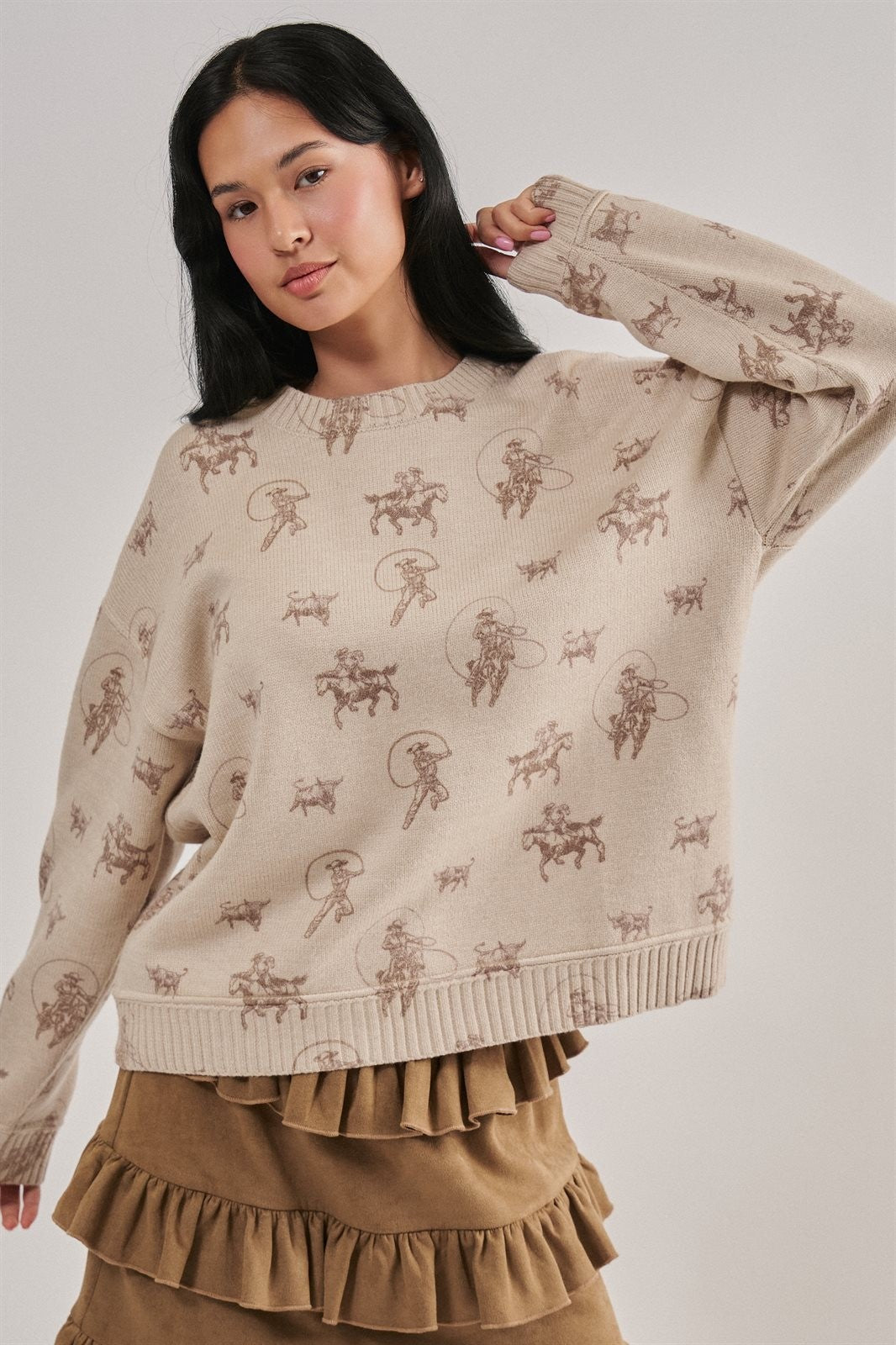Western Cowboy Print Knit Pullover Sweater in Khaki - Women's Sweaters | Urban Daizy