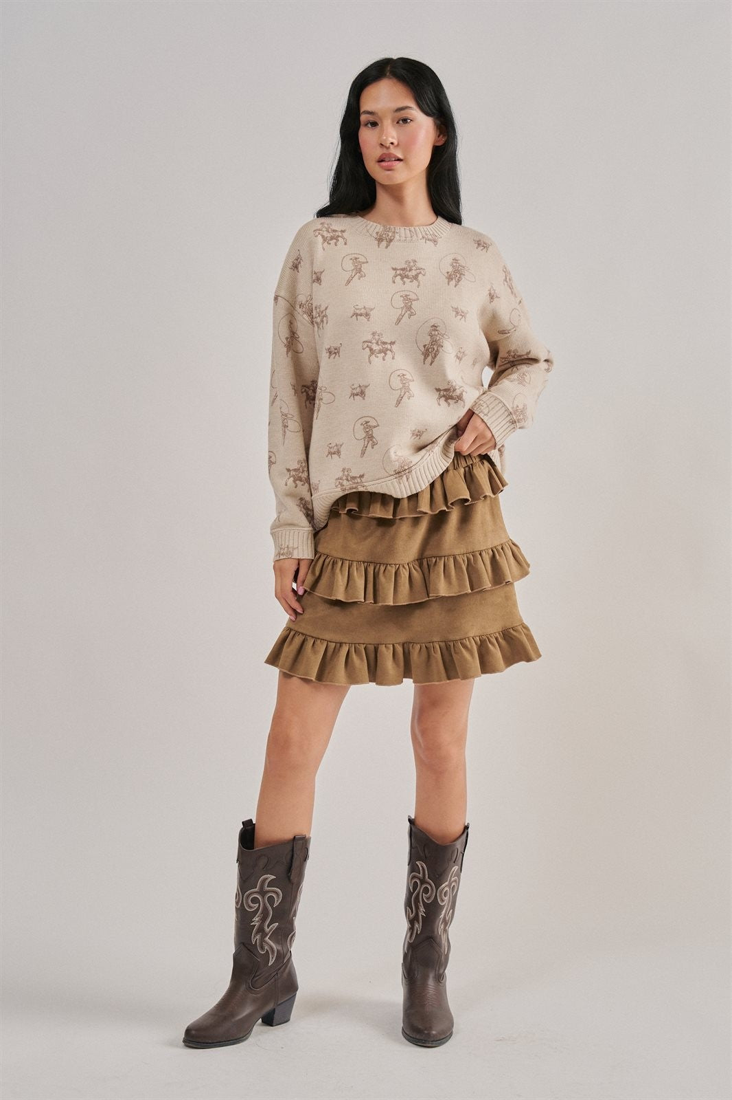 Western Cowboy Print Knit Pullover Sweater in Khaki - Women's Sweaters | Urban Daizy