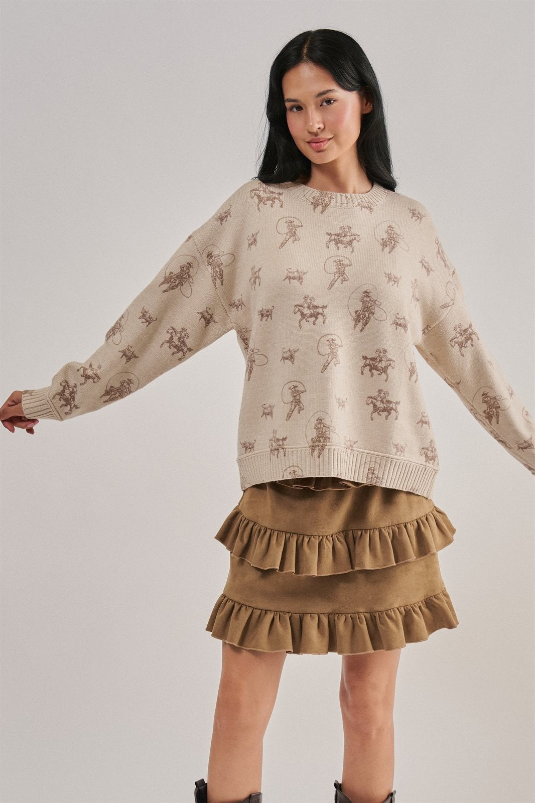 Western Cowboy Print Knit Pullover Sweater in Khaki - Women's Sweaters | Urban Daizy