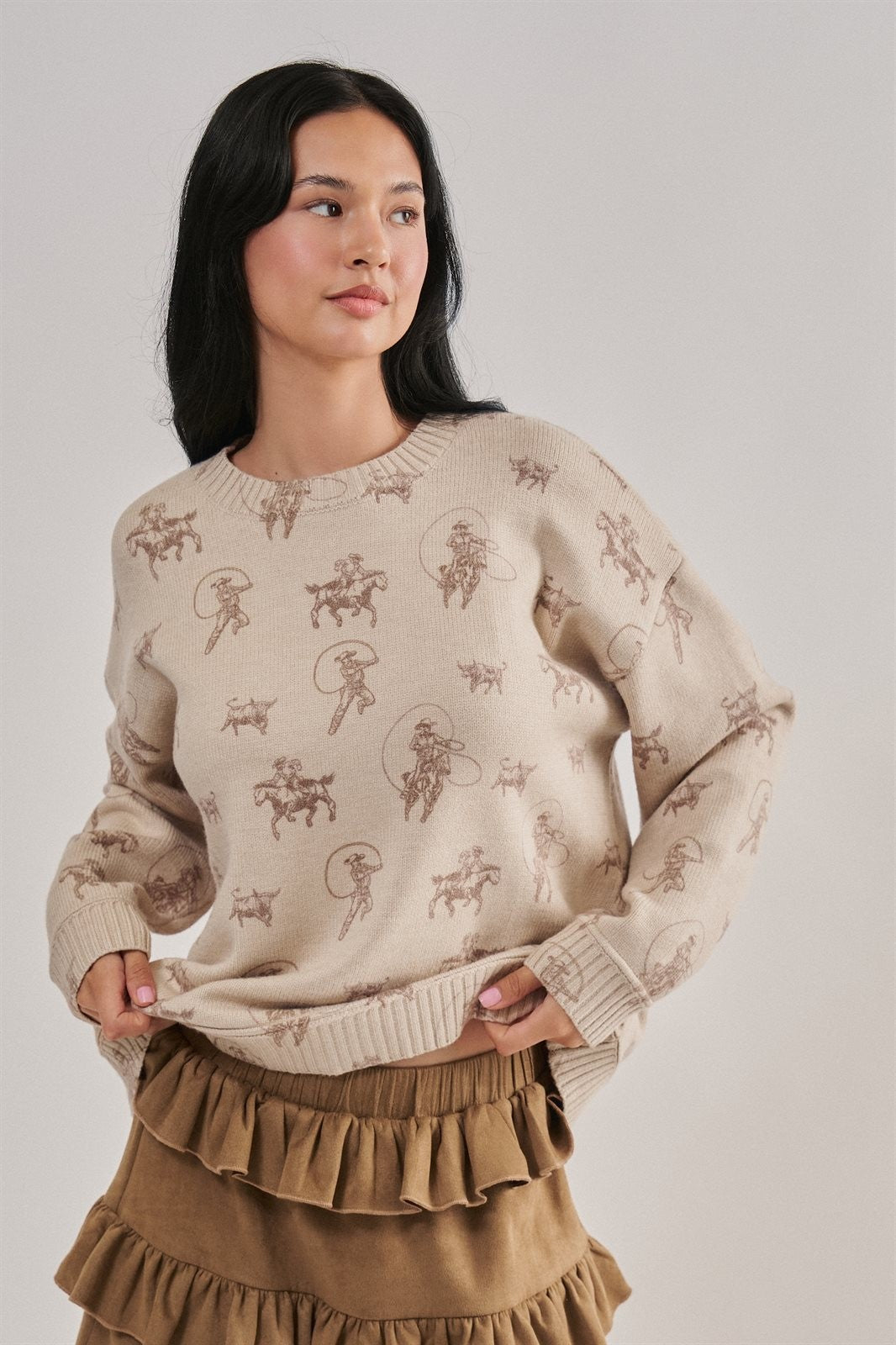 Western Cowboy Print Knit Pullover Sweater in Khaki - Women's Sweaters | Urban Daizy