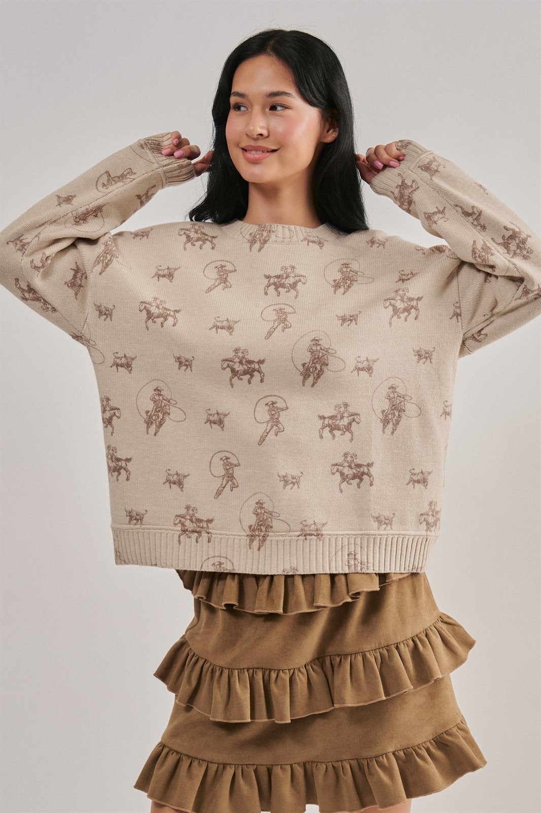 Western Cowboy Print Knit Pullover Sweater in Khaki - Women's Sweaters | Urban Daizy