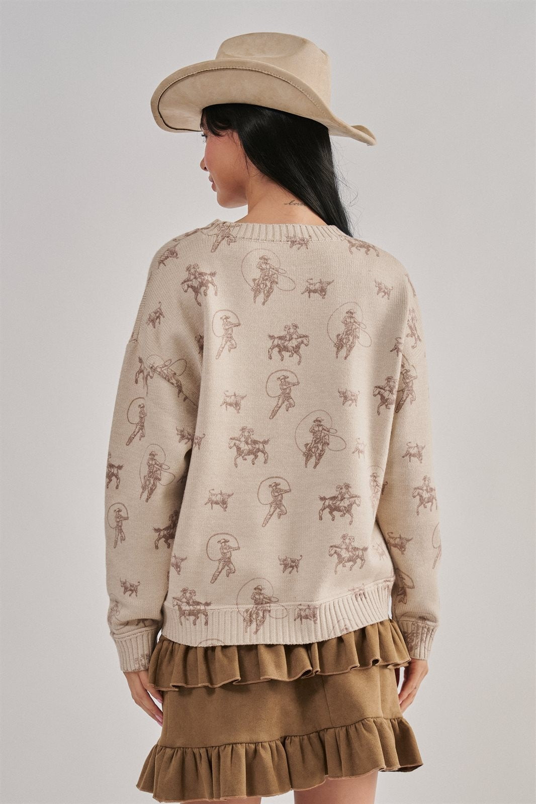 Western Cowboy Print Knit Pullover Sweater in Khaki - Women's Sweaters | Urban Daizy