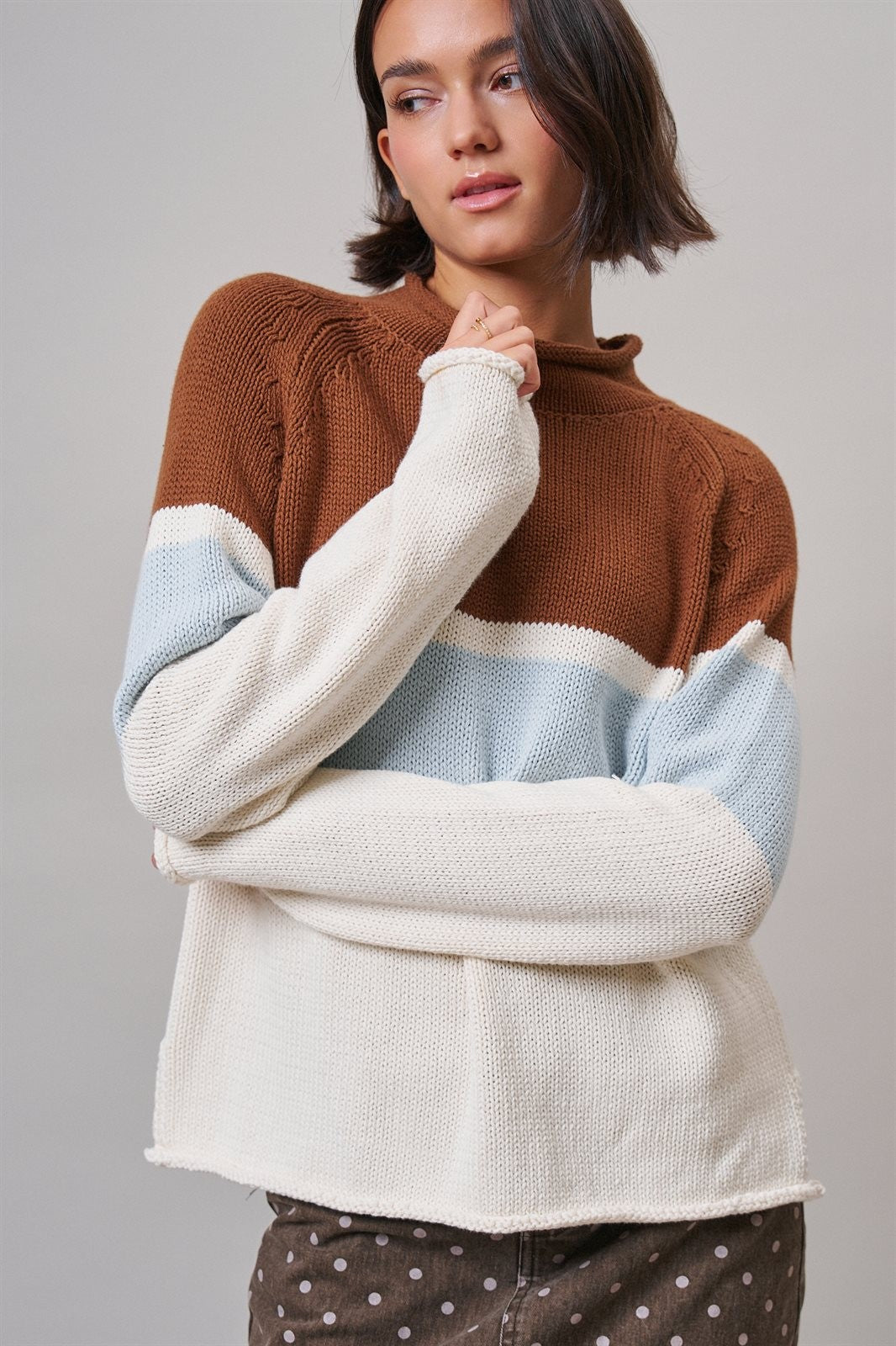 Color Block Mock Neck Oversized Pullover Sweater in Brown - Women's Sweaters | Urban Daizy