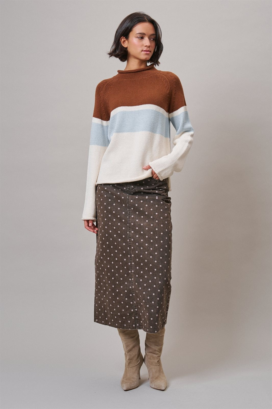 Color Block Mock Neck Oversized Pullover Sweater in Brown - Women's Sweaters | Urban Daizy