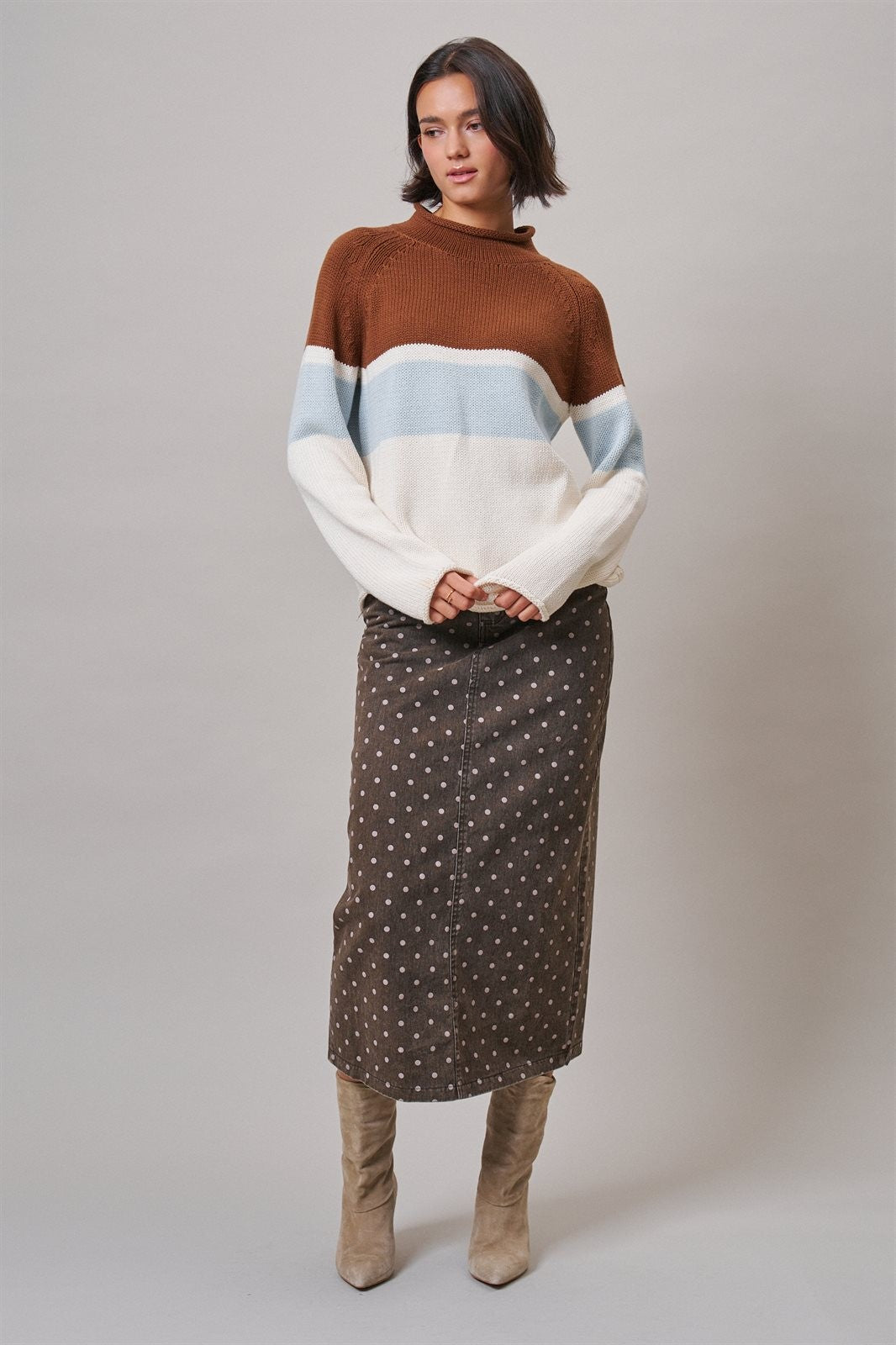 Color Block Mock Neck Oversized Pullover Sweater in Brown - Women's Sweaters | Urban Daizy
