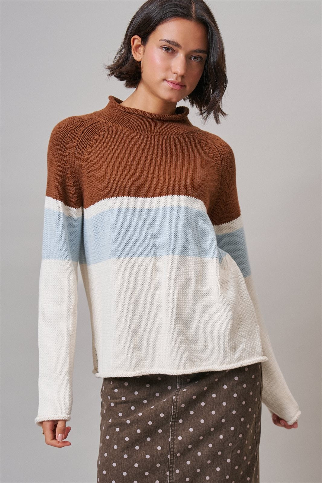 Color Block Mock Neck Oversized Pullover Sweater in Brown - Women's Sweaters | Urban Daizy