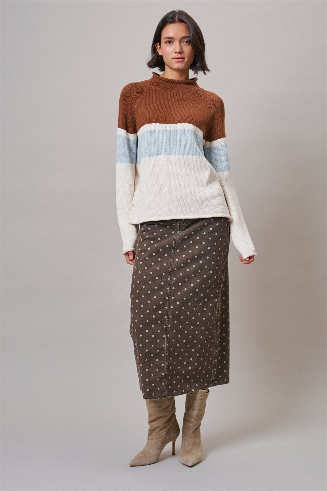 Color Block Mock Neck Oversized Pullover Sweater in Brown - Women's Sweaters | Urban Daizy