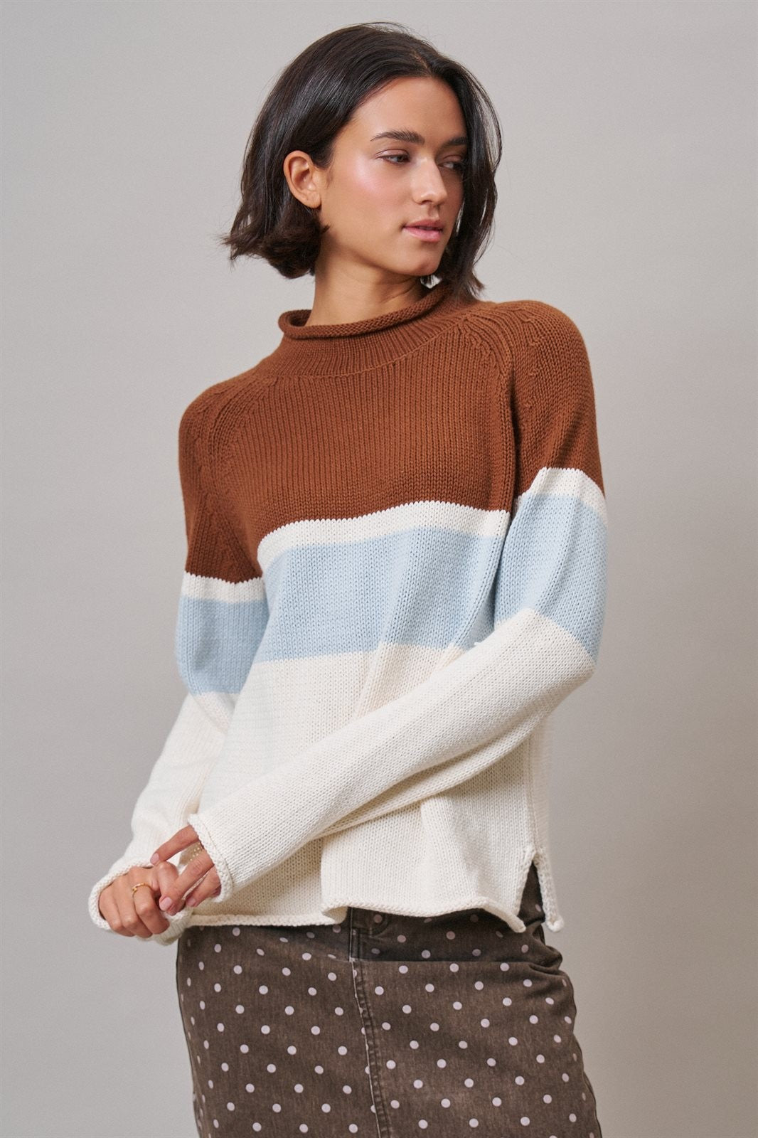 Color Block Mock Neck Oversized Pullover Sweater in Brown - Women's Sweaters | Urban Daizy