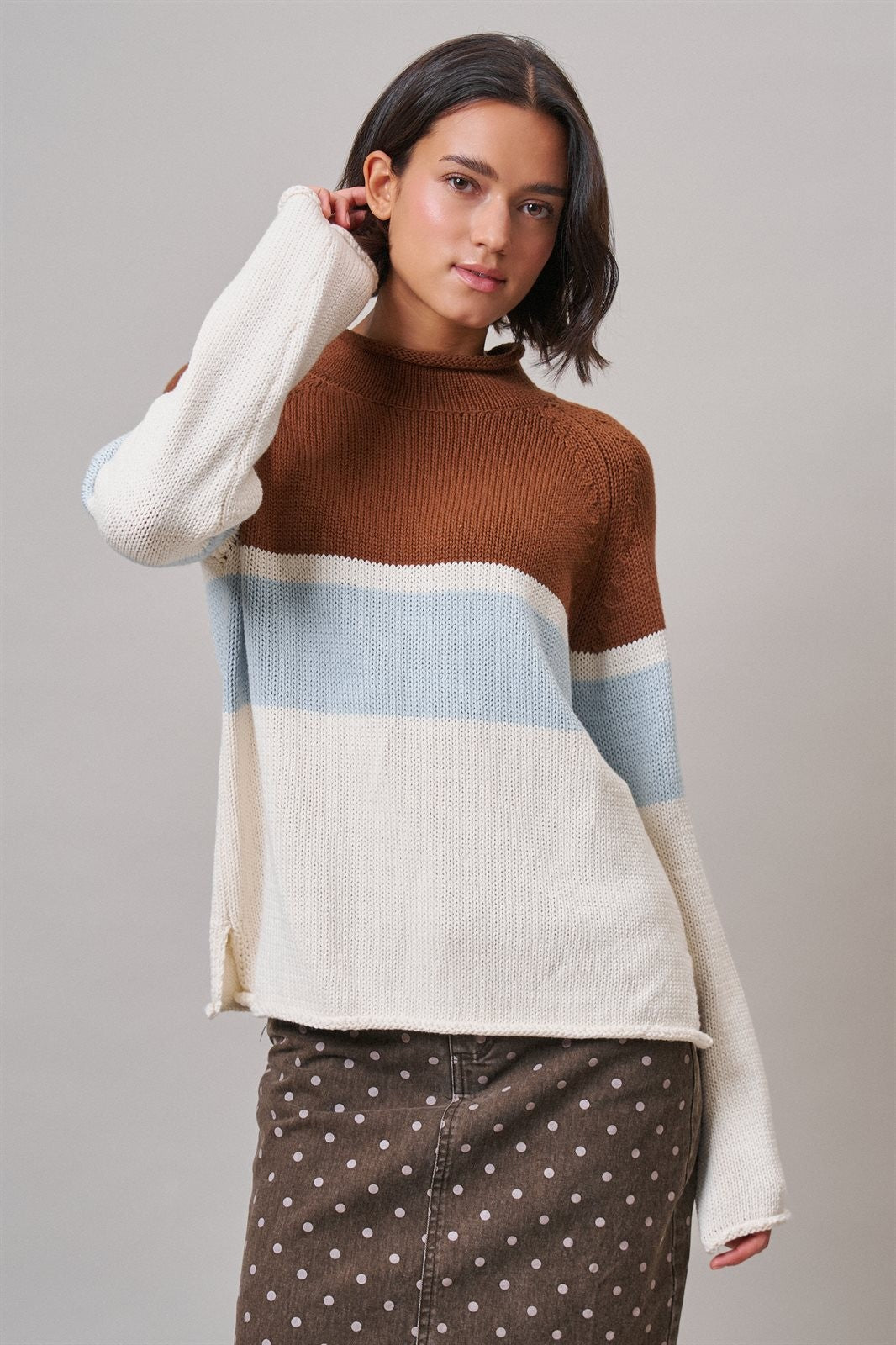 Color Block Mock Neck Oversized Pullover Sweater in Brown - Women's Sweaters | Urban Daizy