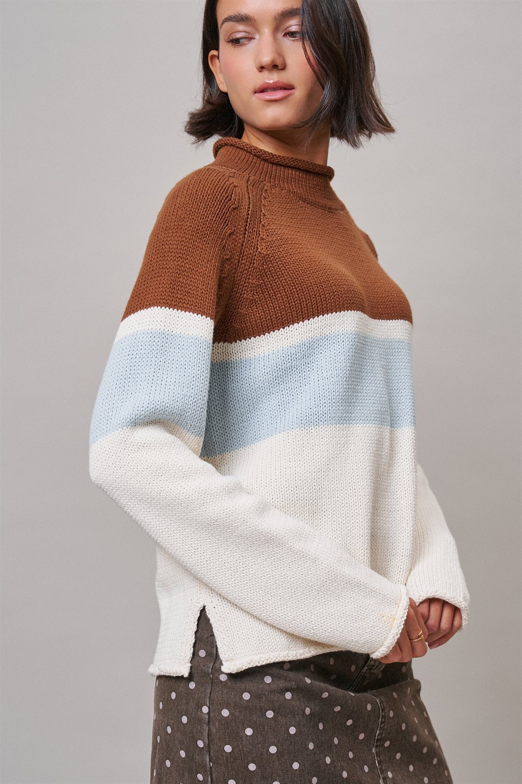 Color Block Mock Neck Oversized Pullover Sweater in Brown - Women's Sweaters | Urban Daizy