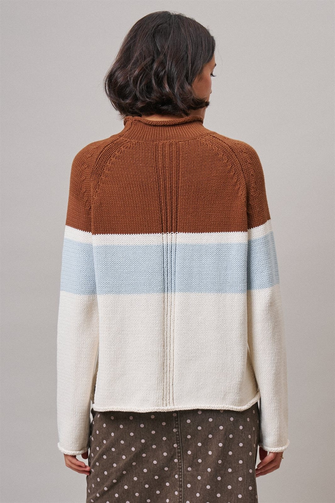 Color Block Mock Neck Oversized Pullover Sweater in Brown - Women's Sweaters | Urban Daizy