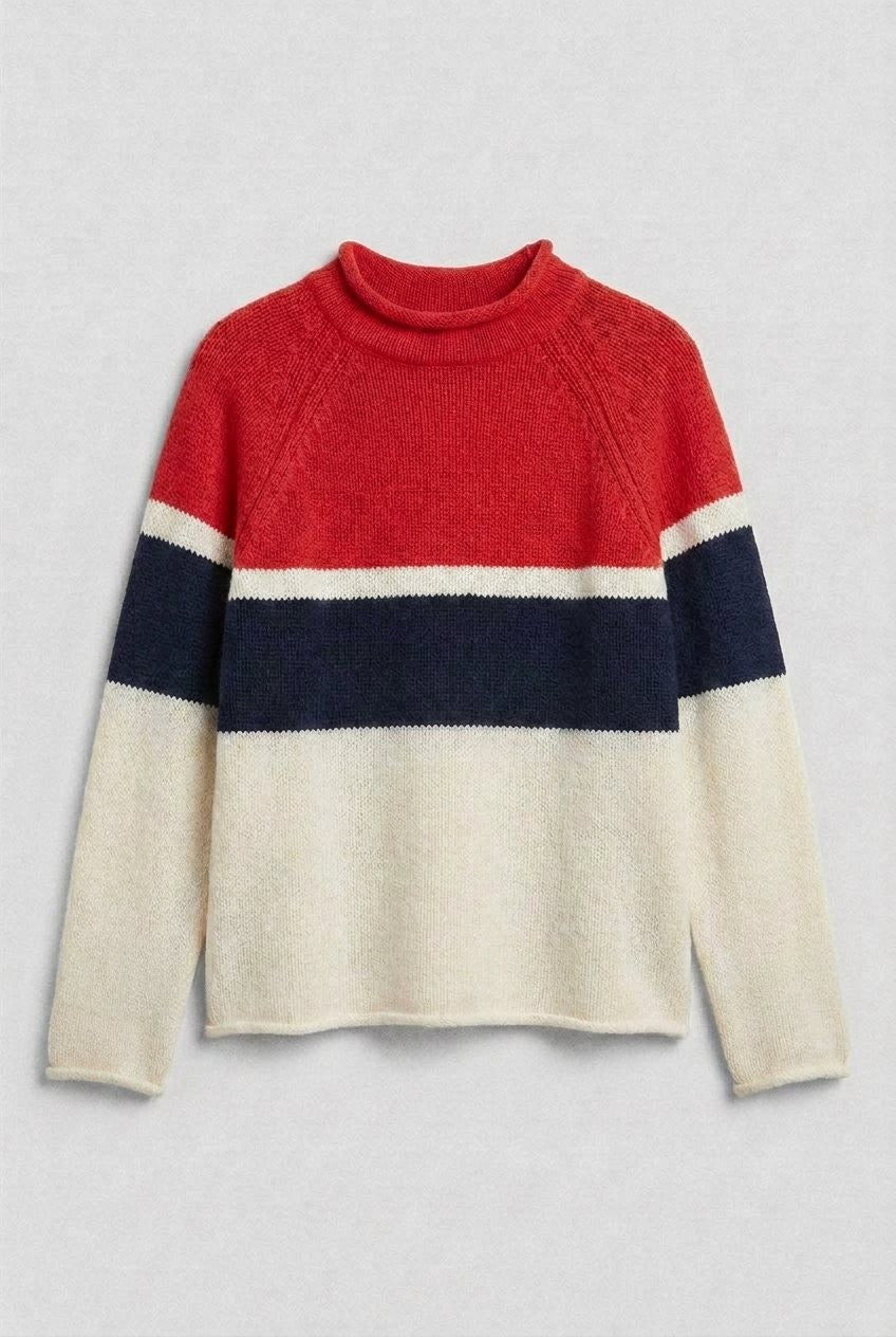 Color Block Mock Neck Oversized Pullover Sweater in Red - Women's Sweaters | Urban Daizy