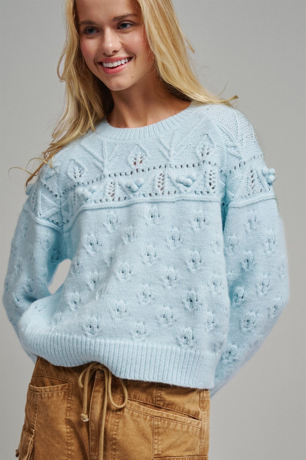 Pointelle Bobble Knit Sweater in Pastel Blue - Women's Sweaters | Urban Daizy