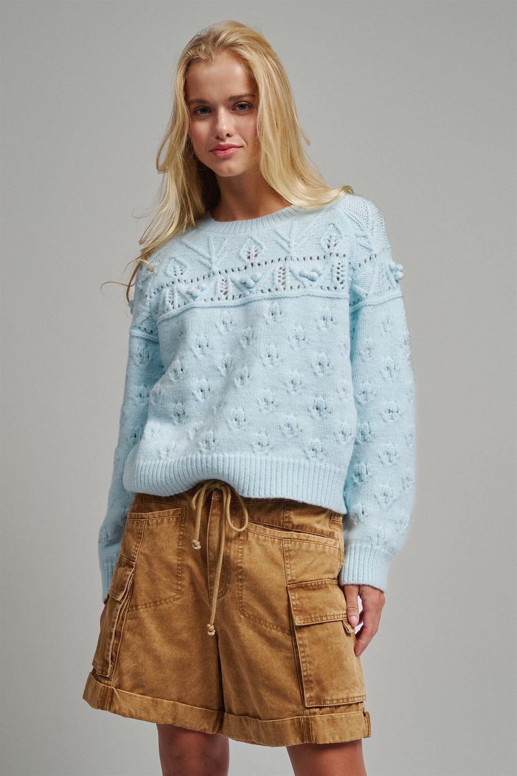 Pointelle Bobble Knit Sweater in Pastel Blue - Women's Sweaters | Urban Daizy