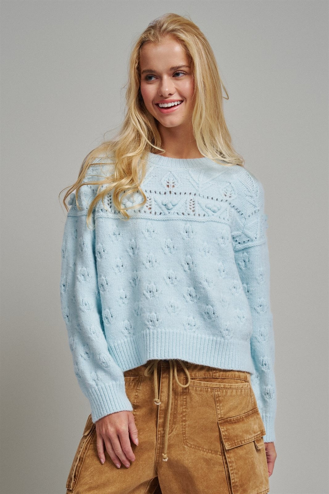 Pointelle Bobble Knit Sweater in Pastel Blue - Women's Sweaters | Urban Daizy