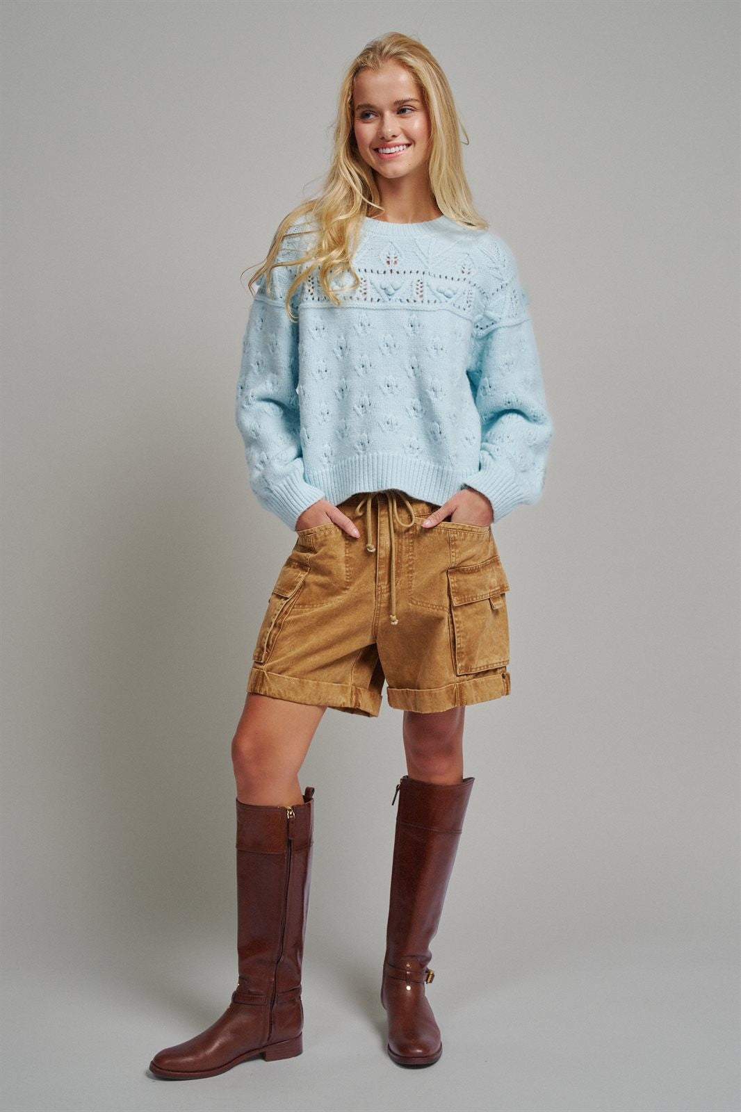 Pointelle Bobble Knit Sweater in Pastel Blue - Women's Sweaters | Urban Daizy