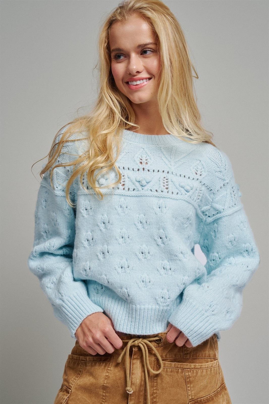 Pointelle Bobble Knit Sweater in Pastel Blue - Women's Sweaters | Urban Daizy