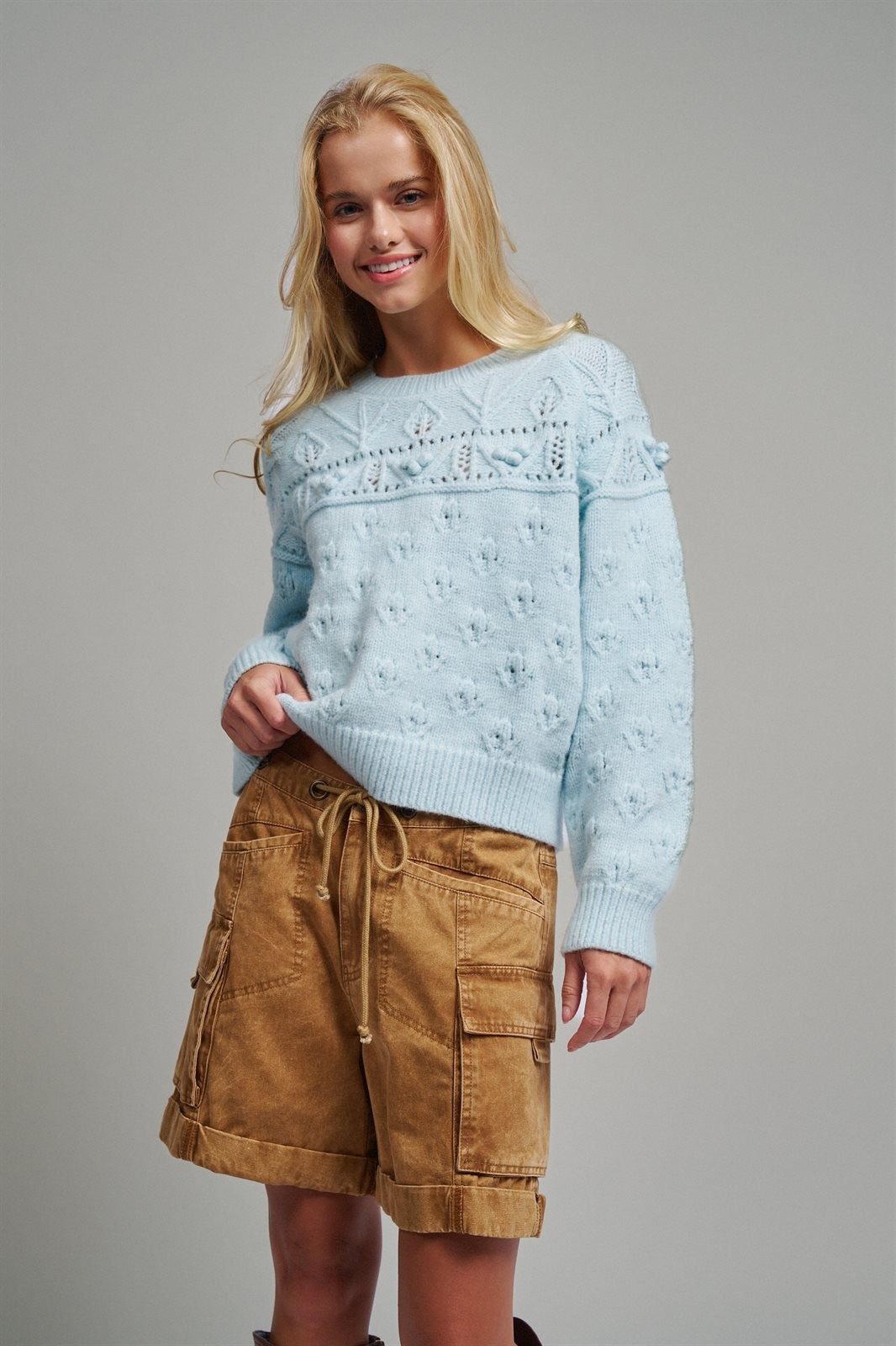 Pointelle Bobble Knit Sweater in Pastel Blue - Women's Sweaters | Urban Daizy